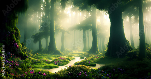 illustrazione con fiabesco sottobosco di antica foresta, con muschi, erbe verdeggianti e fiori, luce che filtra tra gli alberi photo