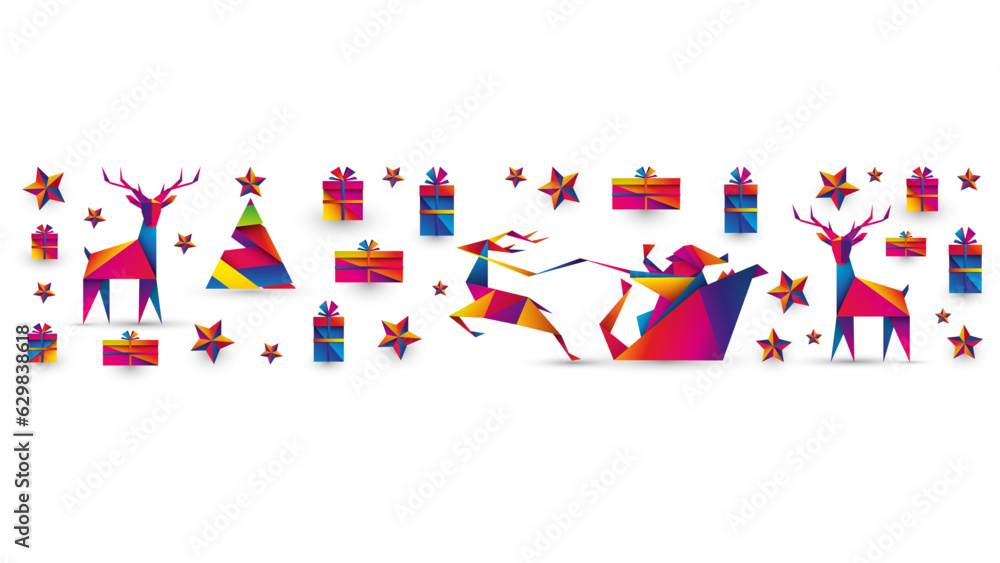 Święty Mikołaj, renifer, choinka i prezenty origami. - obrazy, fototapety, plakaty 