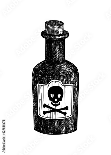 Glass bottle with poison sketch. Hand draw jar with label isolated on white background. Halloween design element, alchemy, home decoration, witchcraft. Scull with bones sticker vector illustration