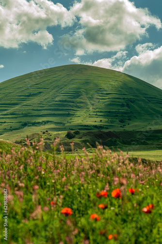 The extinct volcano Vayots Sar in Armenia against the background of a flower meadow. Top of the volcano 2650m
