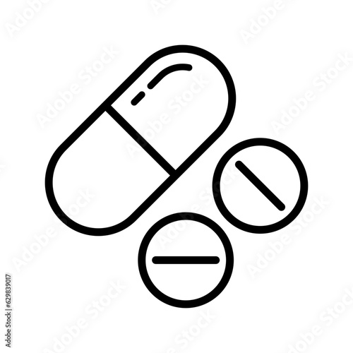 Black pills line icon, simple health equipment flat design vector pictogram, infographic vector for app logo web website button banner ui ux interface elements isolated on white background