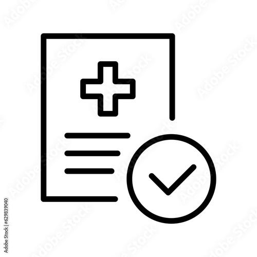 Black single medical document approved line icon, simple outline hospital data flat design pictogram, infographic vector for app logo web button ui ux interface elements isolated on white background