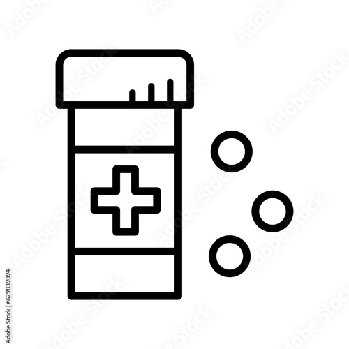 Black single pills bottle line icon, simple health medicine flat design vector pictogram, infographic vector for app logo web website button ui ux interface elements isolated on white background