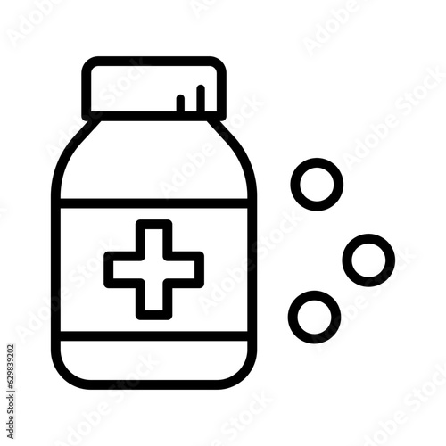 Black single medicine glass bottle line icon, simple health equipment flat design vector pictogram, infographic vector for app logo web button ui ux interface elements isolated on white background