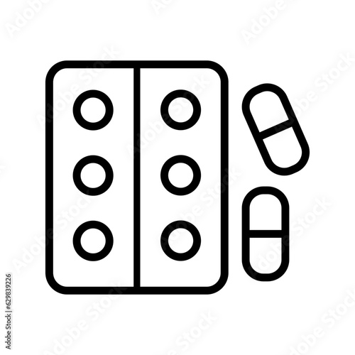 Black pills pack line icon, simple health equipment flat design vector pictogram, infographic vector for app logo web website button banner ui ux interface elements isolated on white background