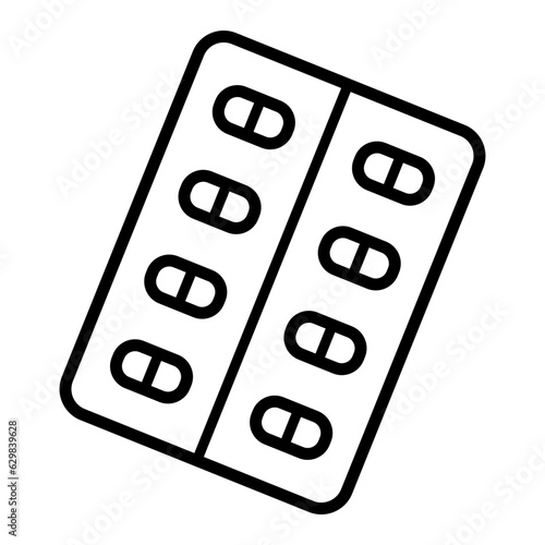 Black single pills pack line icon, simple health equipment flat design vector pictogram, infographic vector for app logo web website button banner ui ux interface elements isolated on white background
