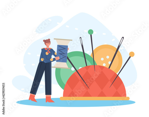 Woman holding spool of thread and standing near pad with sewing needles. Seamstress work concept. Flat vector illustration in cartoon style in blue and red colors