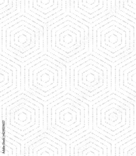 Geometric repeating vector ornament with hexagonal dotted elements. Geometric modern ornament. Seamless abstract modern light pattern