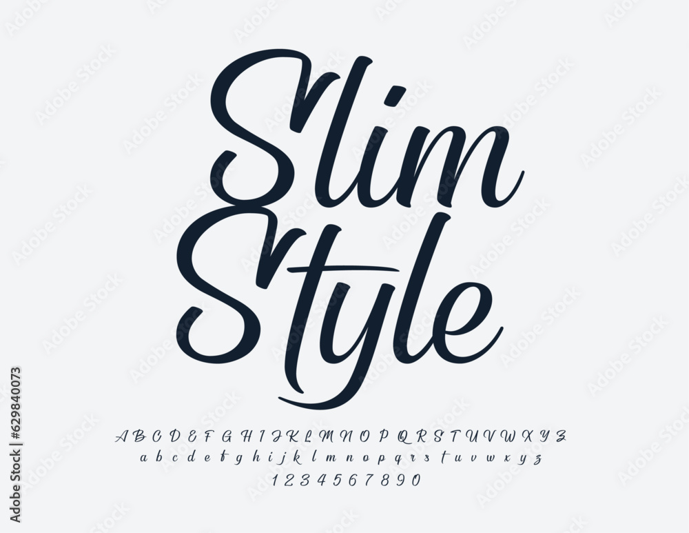 Vector Slim Style Alphabet set. Black elegant Font. Chic Cursive Letters and Numbers