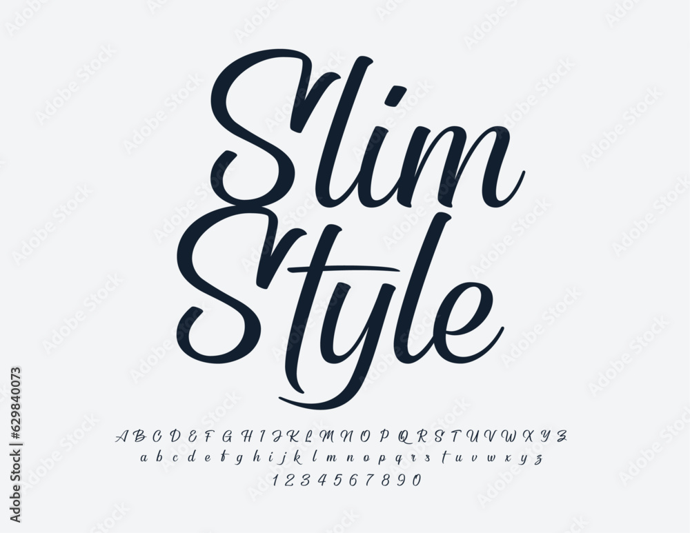 Vector Slim Style Alphabet set. Black elegant Font. Chic Cursive Letters and Numbers Vector Slim Style Alphabet set. Black elegant Font. Chic Cursive Letters and Numbers