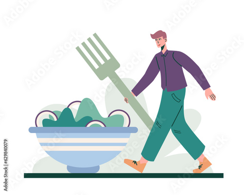 Male holding spoon and going to eat salad with vegetables. Natural good food, healthy eating concept. Tasty and healthy salad. Choose vegetables and fruits. Flat vector illustration