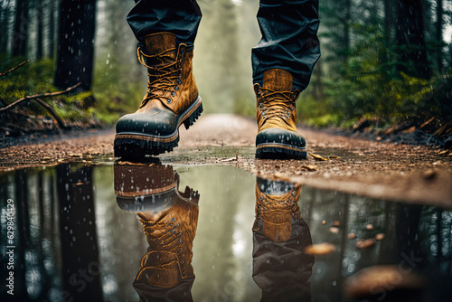 Hiking boots walking in a water puddle on a rainy autumn day in the forest.
