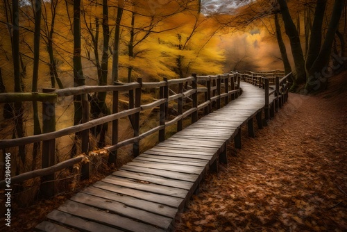 Wooden footpath to walk river in autumn