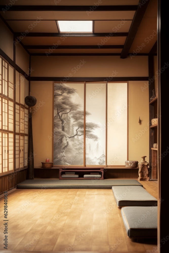 Concept art illustration of japanese dojo interior, Generative AI