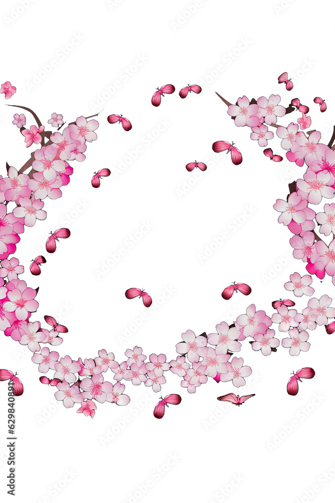 A beautiful sakura frame adorned with blooming spring flowers, with delicate petals falling all around. Ai Generative