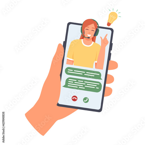 Hand holding smartphone with virtual helper on screen. Customer service with virtual consultant. Client support department. Flat vector illustration in cartoon style in blue colors