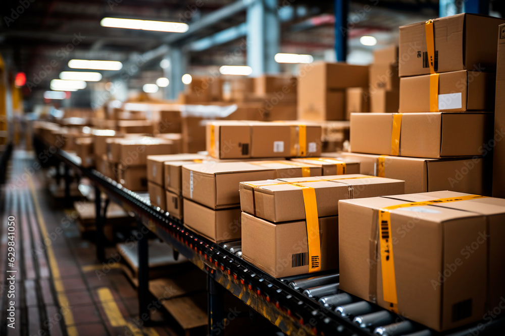 Parcels and boxes on the distribution production line in the logistics center delivery service. Distribution warehouse. E-commerce, storage, delivery and packaging service concept Parcels and boxes on the distribution production line in the logistics center delivery service. Distribution warehouse. E-commerce, storage, delivery and packaging service concept