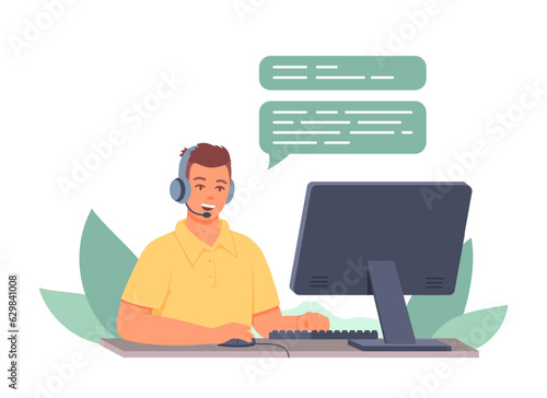 Smiling consultant talking with client, helping to solve problems. Online consultations. Work of call center operators and consultants. Technical global support. Flat vector illustration