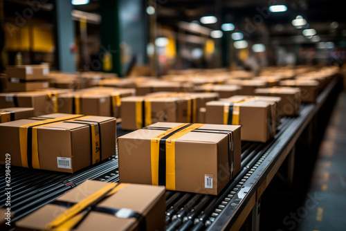 Parcels and boxes on the distribution production line in the logistics center delivery service. Distribution warehouse. E-commerce, storage, delivery and packaging service concept