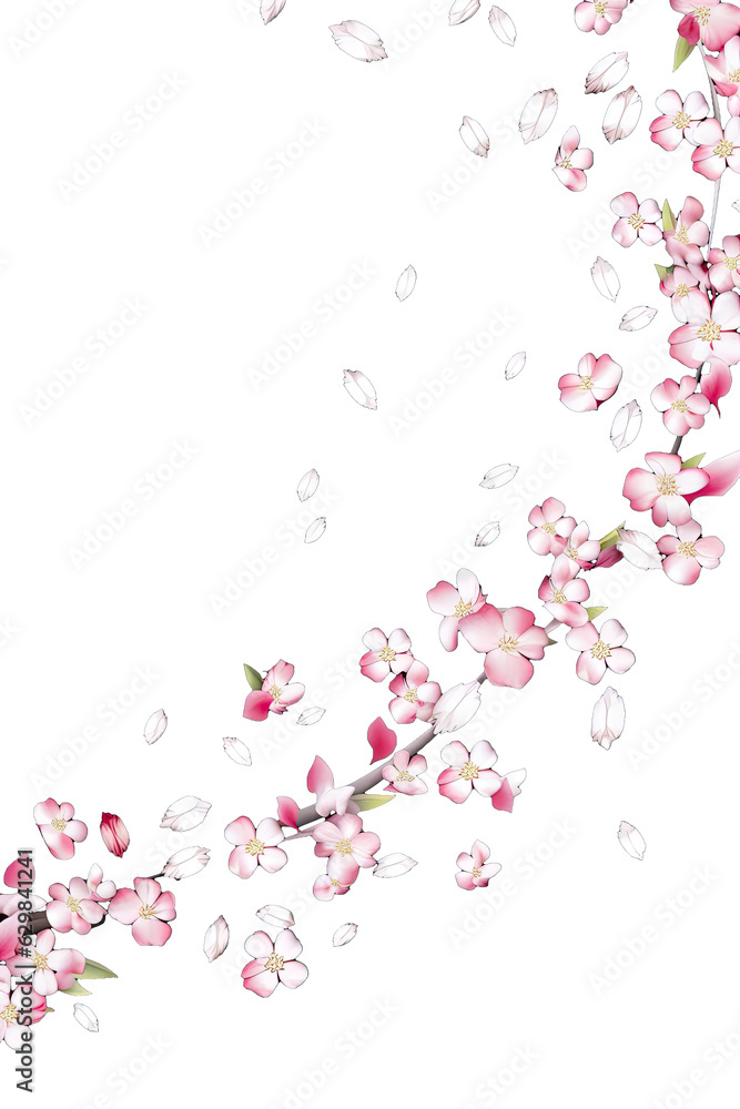A delicate sakura frame adorned with vibrant spring flowers, surrounded by a serene atmosphere as soft petals gracefully descend. Ai Generative