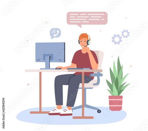 Male gets call from client, helping to solve problems. Hotline operators, technical global support. Consultation and help for customers. Flat vector illustration in cartoon style
