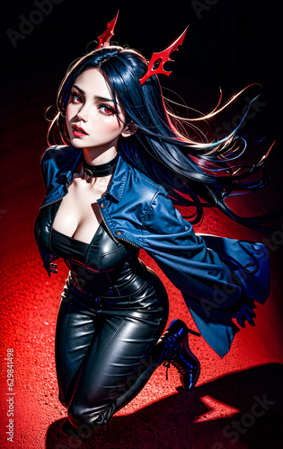 an anime girl with long black hair wearing a black jacket and black leather pants © Ivan Tan