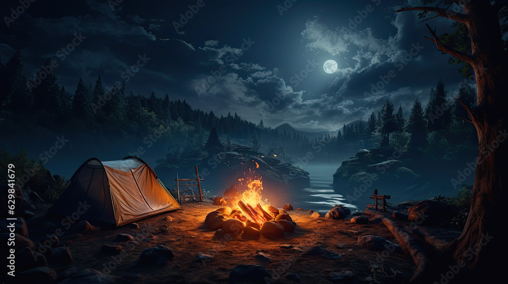 camp site a night with a tent and a campfire and a mysterious creature hiding and spying on the camp camp site a night with a tent and a campfire and a mysterious creature hiding and spying on the camp
