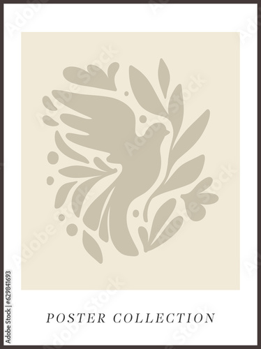 Abstract groovy posters dove of peace in beige tones. Modern trendy Minimal style. Hand drawn design for wallpaper  wall decor  print  postcard  cover  template  banner.