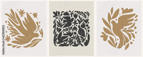 Abstract groovy posters dove of peace in beige tones. Modern trendy Minimal style. Hand drawn design for wallpaper, wall decor, print, postcard, cover, template, banner.