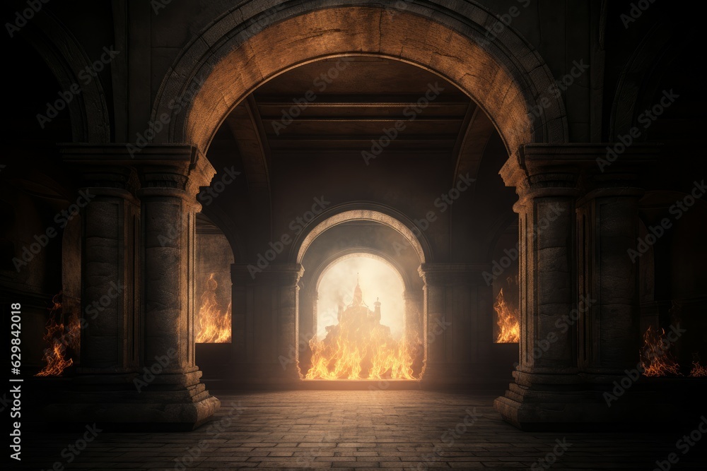 Fototapeta premium Ancient arch fire. Generate Ai