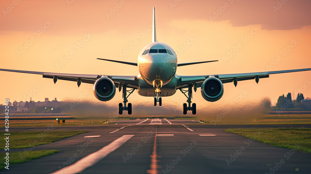 A large jetliner taking off from airport runway at sunset or dawn with the landing gear down and the landing gear down, as the plane is about to take off. Generative AI. A large jetliner taking off from airport runway at sunset or dawn with the landing gear down and the landing gear down, as the plane is about to take off. Generative AI.