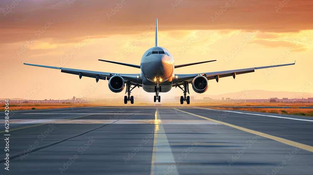 A large jetliner taking off from airport runway at sunset or dawn with the landing gear down and the landing gear down, as the plane is about to take off. Generative AI. A large jetliner taking off from airport runway at sunset or dawn with the landing gear down and the landing gear down, as the plane is about to take off. Generative AI.