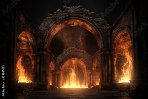 Ancient arch fire flames. Generate Ai