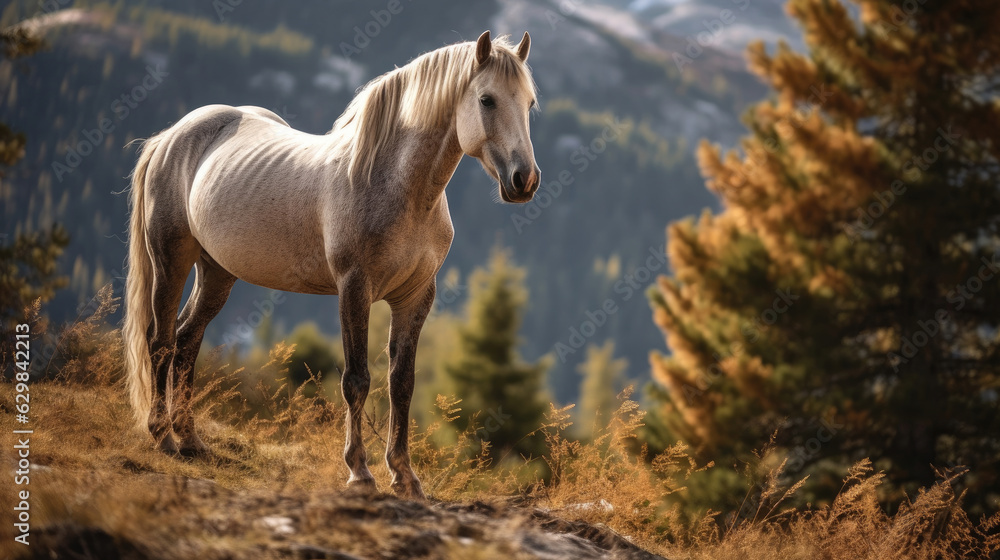 Alpine wild horse in nature. Generative AI. Alpine wild horse in nature. Generative AI.