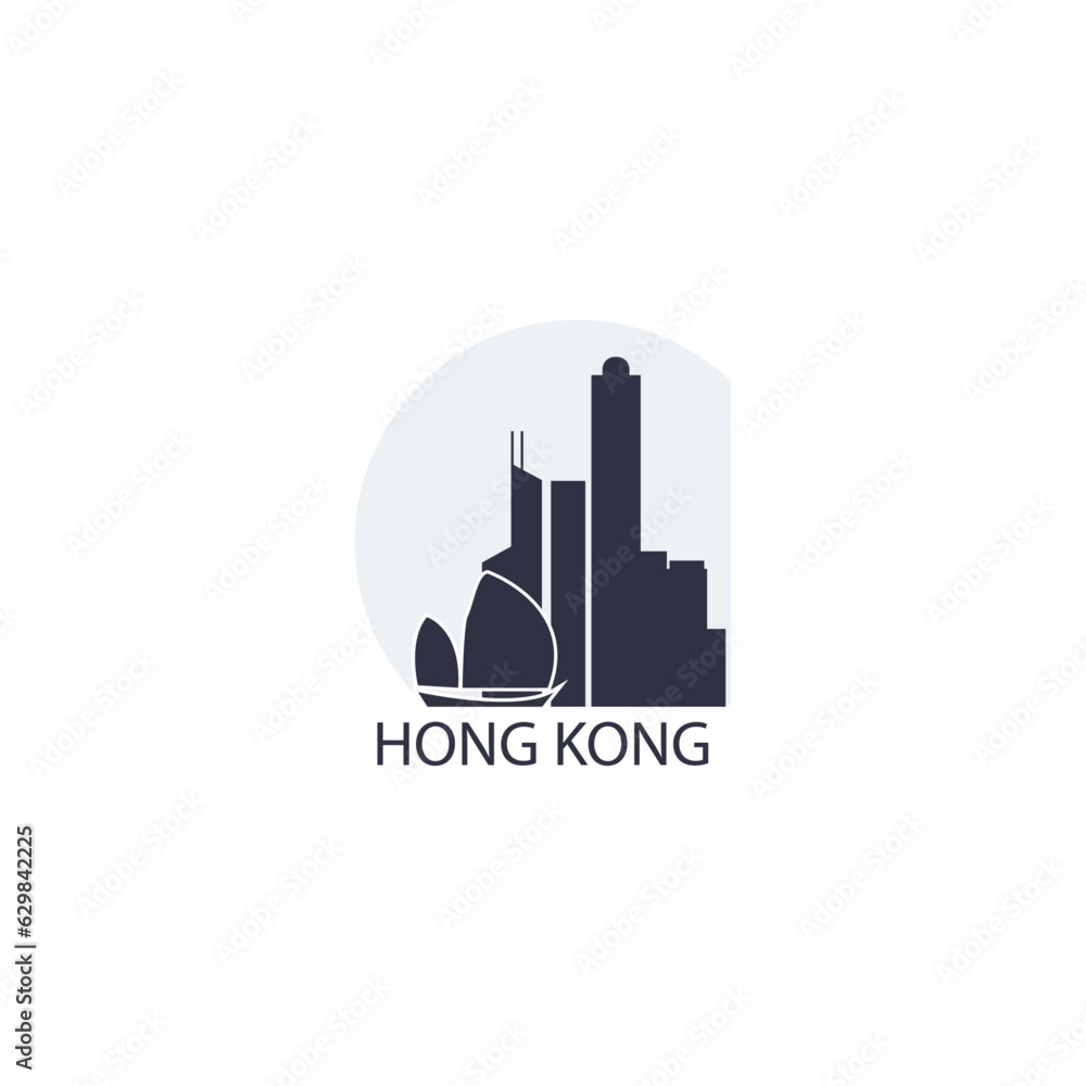 China Hong Kong cityscape skyline city panorama vector flat modern logo icon. Asian region emblem idea with landmarks and building silhouettes at sunrise, sunset