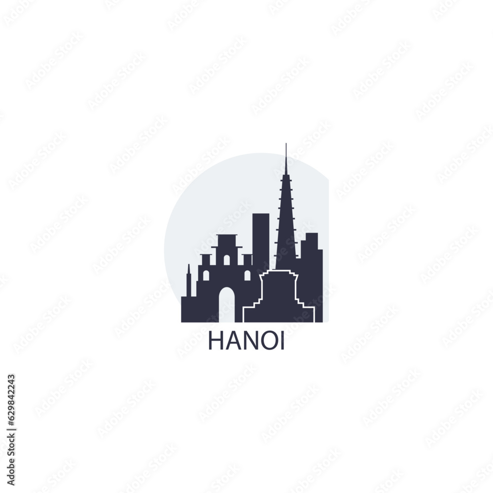 Vietnam Hanoi cityscape skyline city panorama vector flat modern logo icon. Asian region emblem idea with landmarks and building silhouettes at sunrise sunset