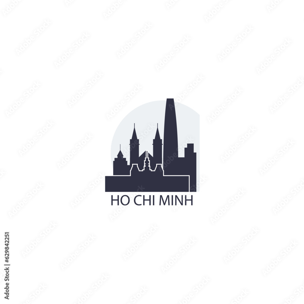 Vietnam Ho Chi Minh cityscape skyline city panorama vector flat modern logo icon. Asian region emblem idea with landmarks and building silhouettes at sunrise sunset