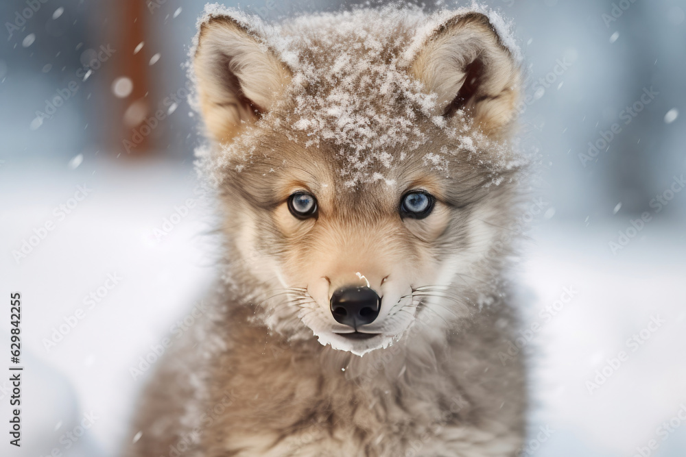 A Cute wolf baby in winter snow. Generative AI. A Cute wolf baby in winter snow. Generative AI.