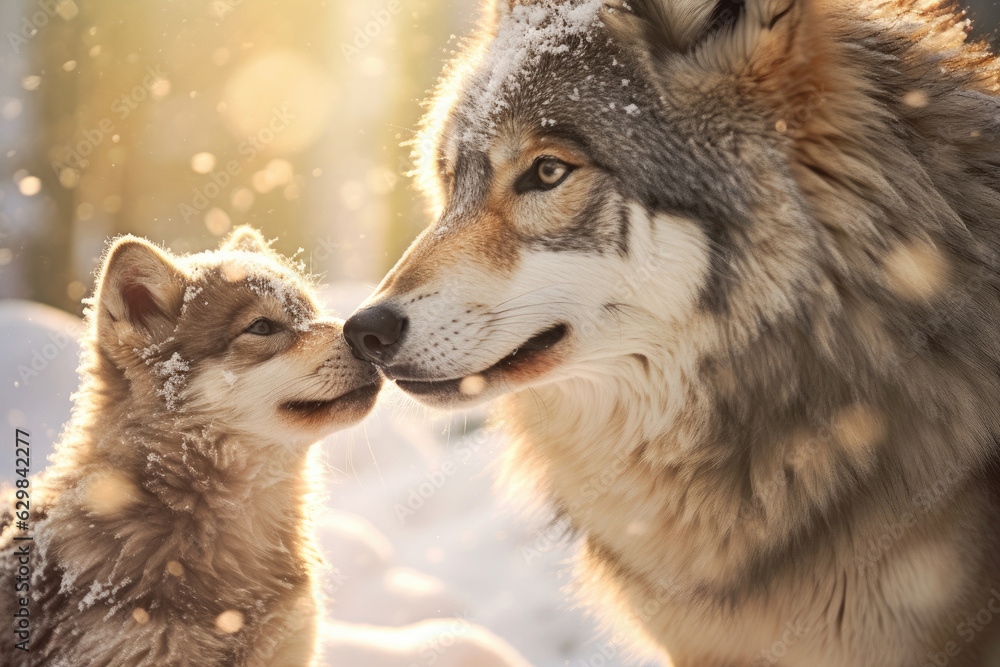 Mother wolf and wolf cubs in winter snow. Generative AI.