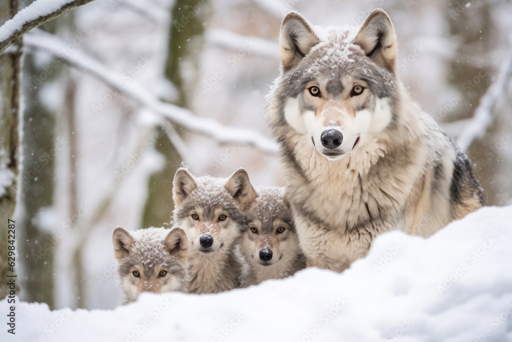 Mother wolf and wolf cubs in winter snow. Generative AI. Mother wolf and wolf cubs in winter snow. Generative AI.