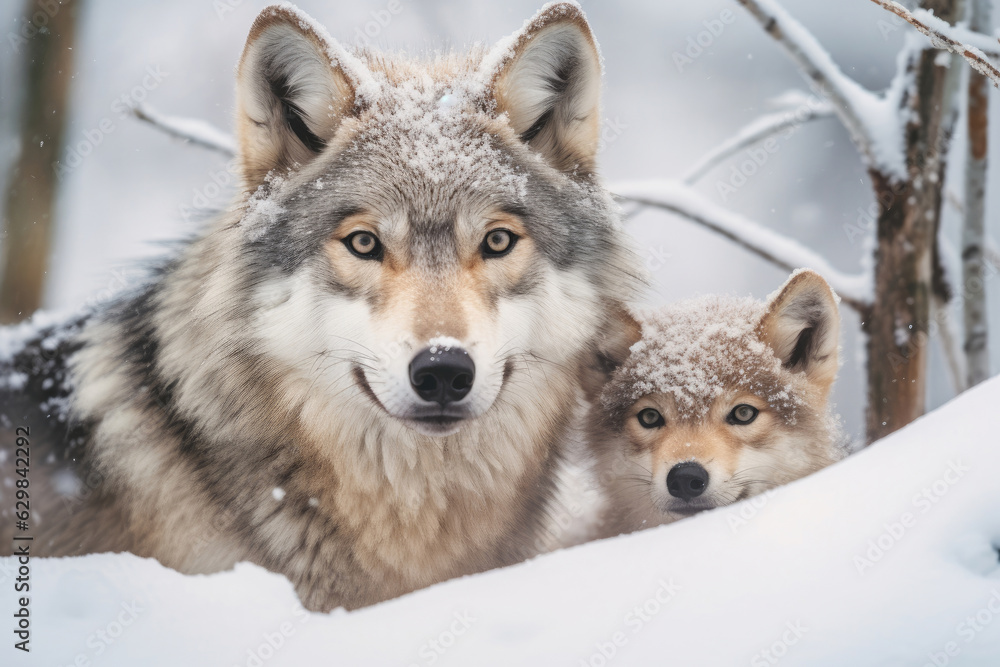 Mother wolf and wolf cubs in winter snow. Generative AI.