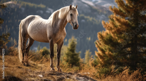 Alpine wild horse in nature. Generative AI.