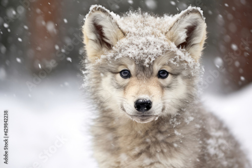 A Cute wolf baby  in winter snow. Generative AI. © tong2530