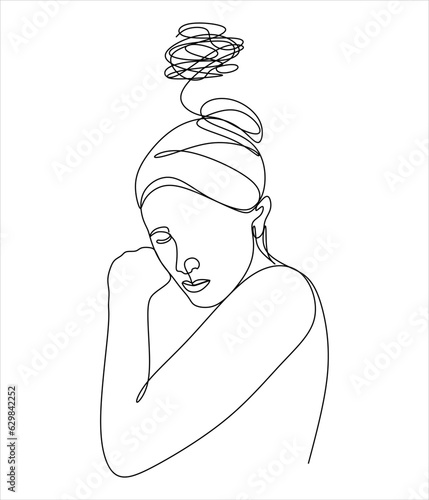 Continuous line drawing of a young woman feeling sad, tired and worried about depression in mental health. problems, failures and broken heart concepts isolated on white