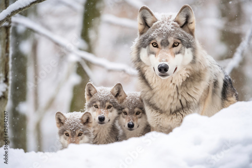 Mother wolf and wolf cubs in winter snow. Generative AI.