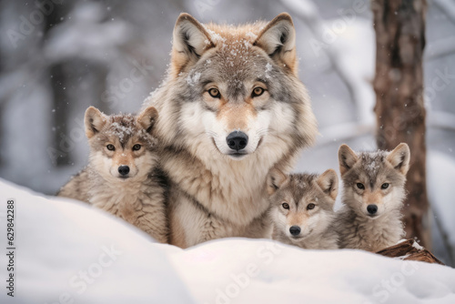 Mother wolf and wolf cubs in winter snow. Generative AI. © tong2530