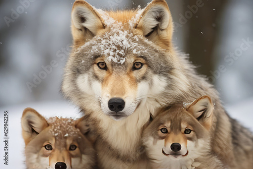 Mother wolf and wolf cubs in winter snow. Generative AI.