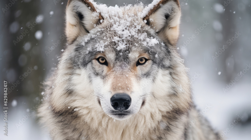 Obraz premium Adult wolf in winter snow. Generative AI.