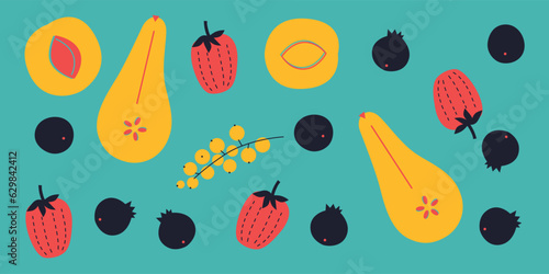 Appetizing fruit and berries collection. Decorative abstract horizontal banner with colorful doodles. Hand-drawn modern illustrations with fruit and berries, abstract elements. Abstract series