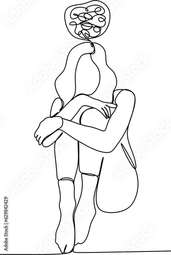 Continuous line drawing of a young woman feeling sad, tired and worried about depression in mental health. problems, failures and broken heart concepts isolated on white